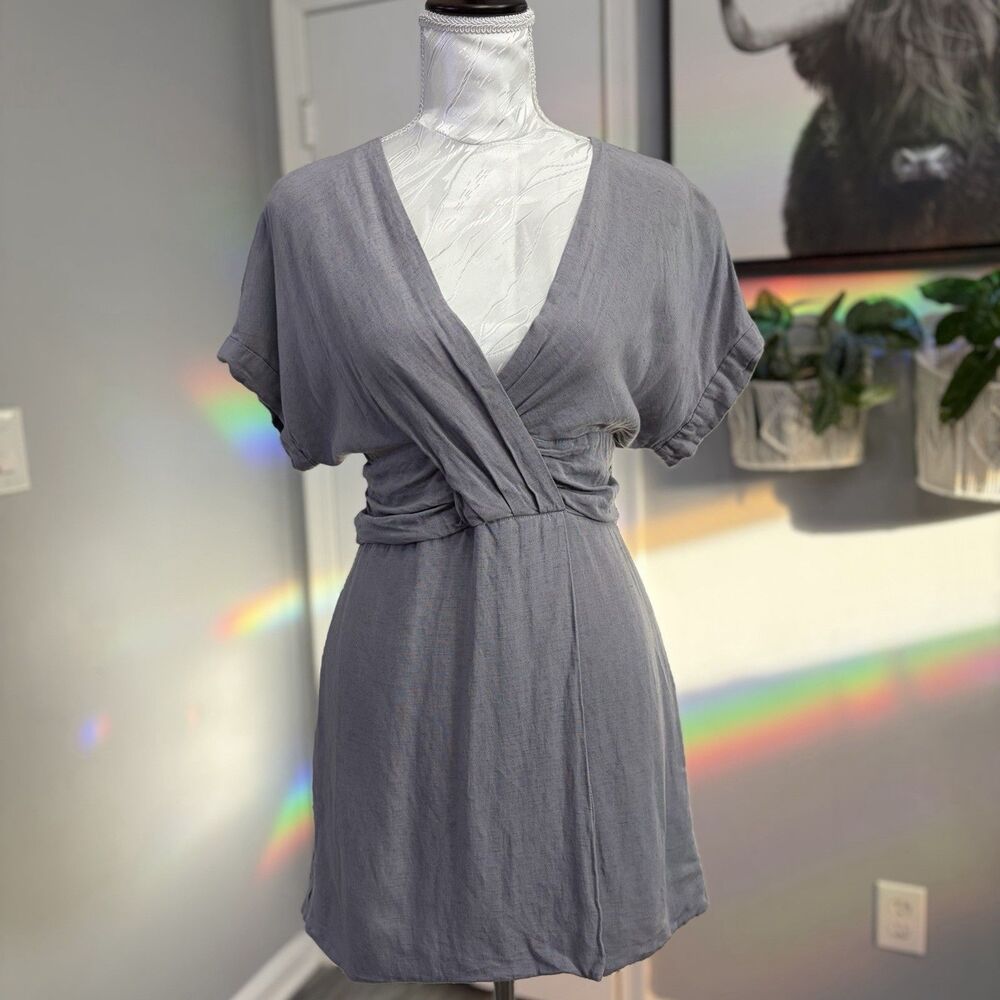Anthropologie Lilac Gray Linen Blend Faux Wrap V-Neck Mini Dress Size 8 Boho